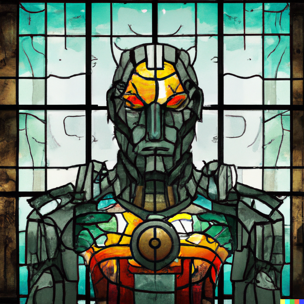Buntglasfenster mit Cyborg-Motiv